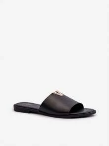 Mules plates  synthétique pour femmes Maliha avec élément doré décoratif. Parfait pour les jours d'été et de nombreuses occasions. Or, marron, noir, blanc - Noir - Voir 3