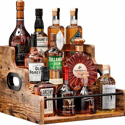 Sturdy Liquor Bottle Display Shelf, 3-Tier Wooden Tabletop Display,Coffee Syrup Rack Organizer, 3 Step Countertop Liquor Wine Rack, Mini Bar, Liquor Cabinet, Home Retro Bar Shelf Stand For Liquor Whiskey, Spirits, Spice Rack,Perfect Gift Idea - Showcases Your Collection In Contemporary Style,Suitable For Living Room, Study, Kitchen, Bedroom