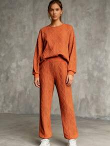 New Year Women's New Year Knitted Sports Set (Two-Piece Set - Suitable For Autumn And Winter), Orange Women's Autumn And Winter Set, Loose, Long Sleeve Round Neck Top And Pocket Jogging Wear, Solid Color, Autumn And Winter Set, Casual Outdoor Sports Wear, Multi Functional All Age Leisure Wear | Knitted Fabric | Women's Minimalist Sports Wear, Women's Sports Wear Set - Orange - View 6