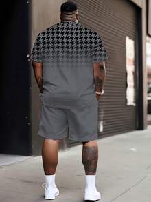 2pcs Big & Tall Men's Set: Houndstooth Ombre Print Short Sleeve T-Shirt + King Embroidery Casual Shorts - 灰色 - 查看 2
