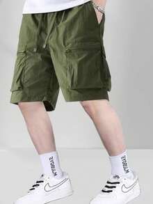 Men's Cargo-Style Bermuda Shorts, Made Of Non-Stretch Fabric, With Drawstring And Pockets. - Dark Green - View 1