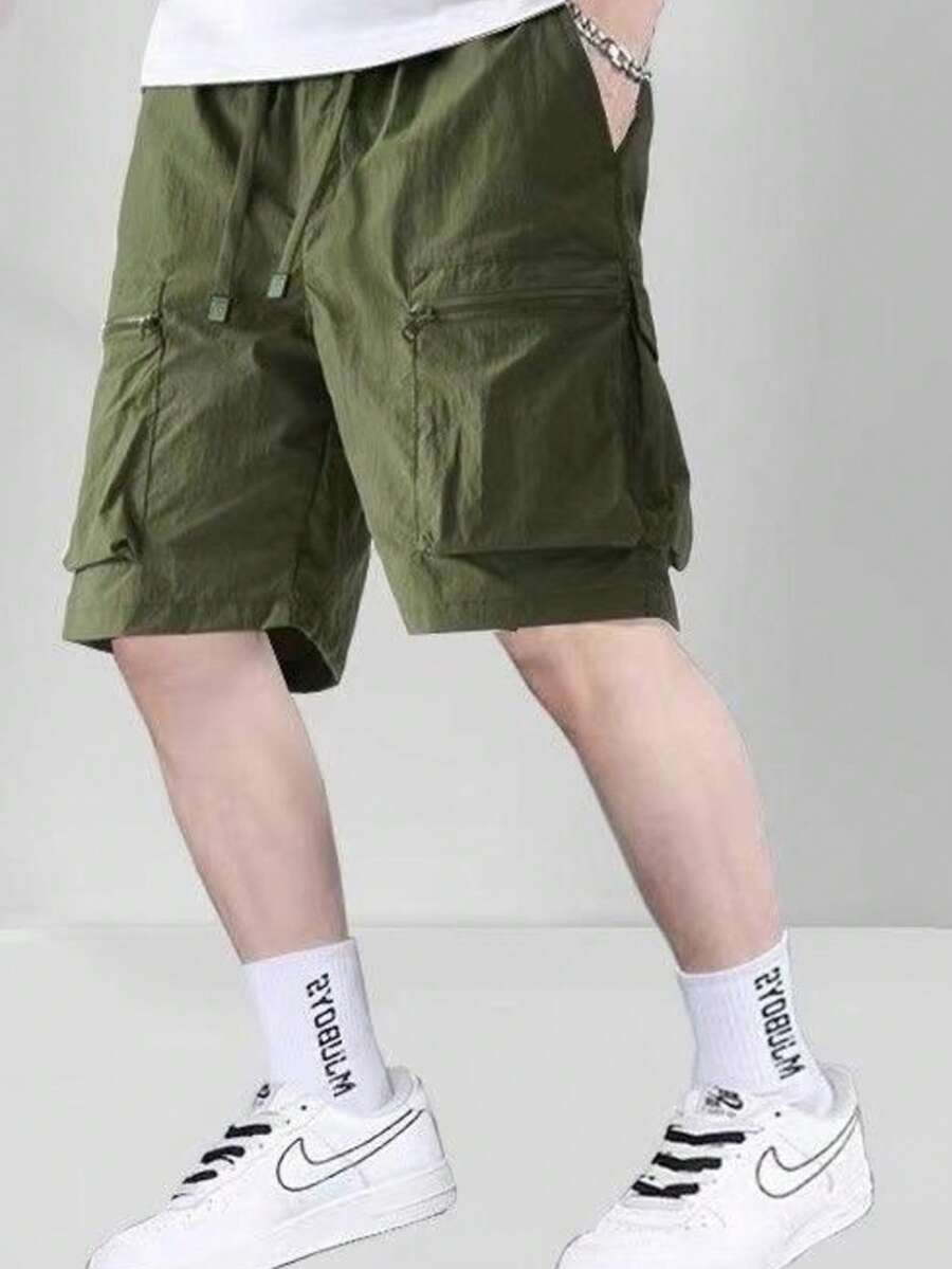 Men's Cargo-Style Bermuda Shorts, Made Of Non-Stretch Fabric, With Drawstring And Pockets. - Dark Green - View 1