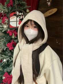 1件装女士休闲纯色麻花针织纹理保暖防风蓬松加厚连帽围巾围脖，适合约会、日常穿着、购物、旅行、搭配