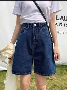 Women's Casual Denim Bermuda Shorts, Holiday/Daily Brunch - Escuro - Xem 2