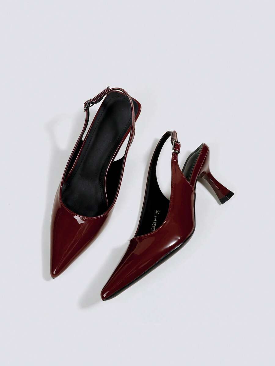 Women's Burgundy Formal Patent Leather High Heel Pumps, Pointed Toe Slingback High Heel Sandals With Buckle And Ankle Strap - Burgundy - View 1