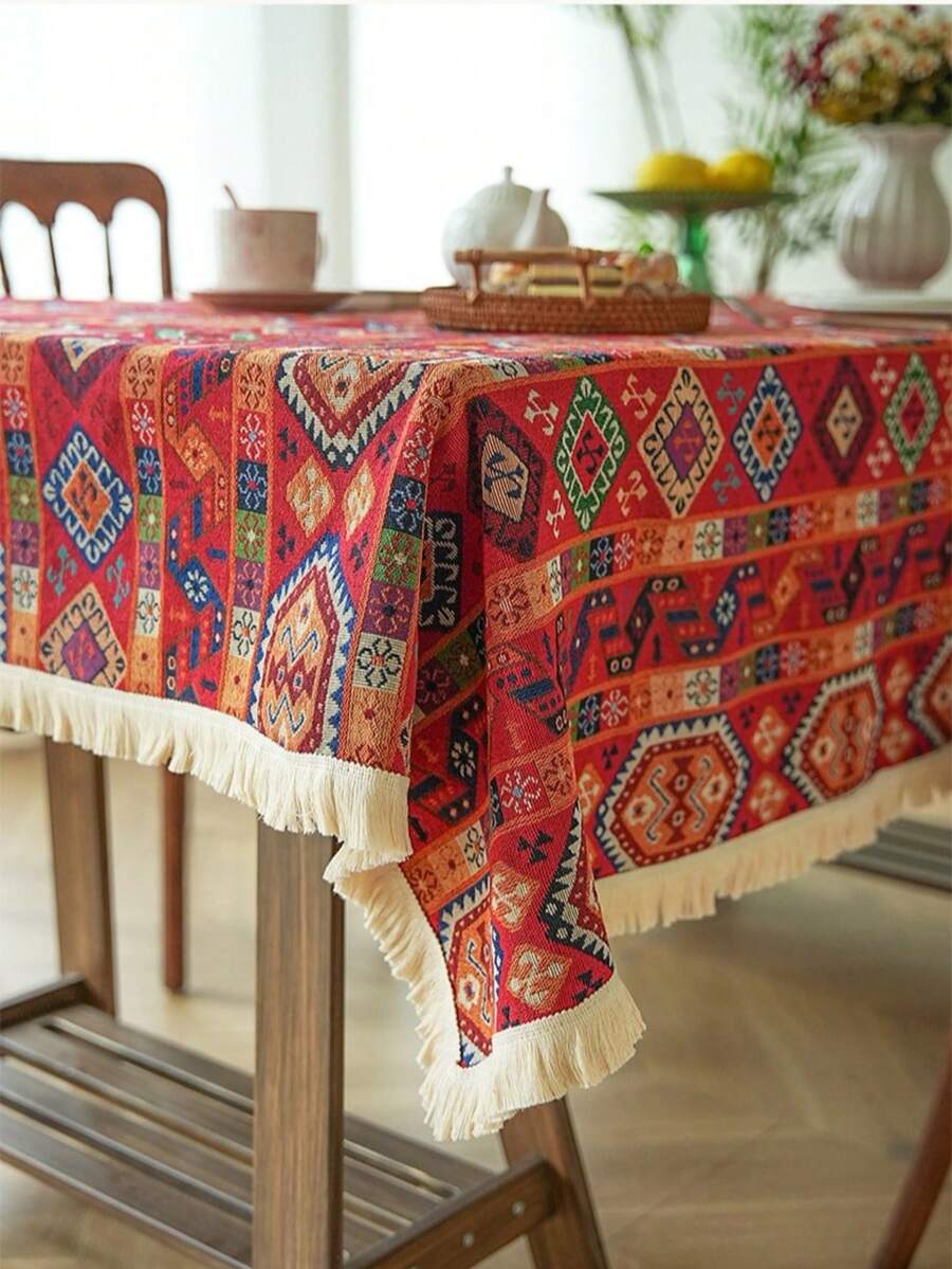 1pc Bohemian Style Red Geometric Jacquard Tablecloth With Natural Tassel, Rectangular Tablecloth For Dining Table, Coffee Table, TV Stand, Entryway, Suitable For Holiday Gatherings, Birthday Parties, Weddings, Dining Room, Living Room, Office, All Seasons - Red - View 1