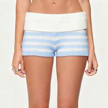 Women's Fold Over Waist Knitted Shorts Y2k Low Waist Striped Print Color Block Slim Fit Hot Pants Party Clubwear Going Out Sweater Shorts Loungewear Bottoms Stretchy Yoga Shorts Summer Casual Active Jogger Sweatshorts - 藍色 - 查看 6