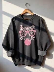 Women's Autumn Tiger Print Crew Neck Sweatshirt, Casual Loose Multifunctional Holiday Style Top, Suitable For Daily Wear, Autumn/Winter Fashion - Dark Grey - View 2