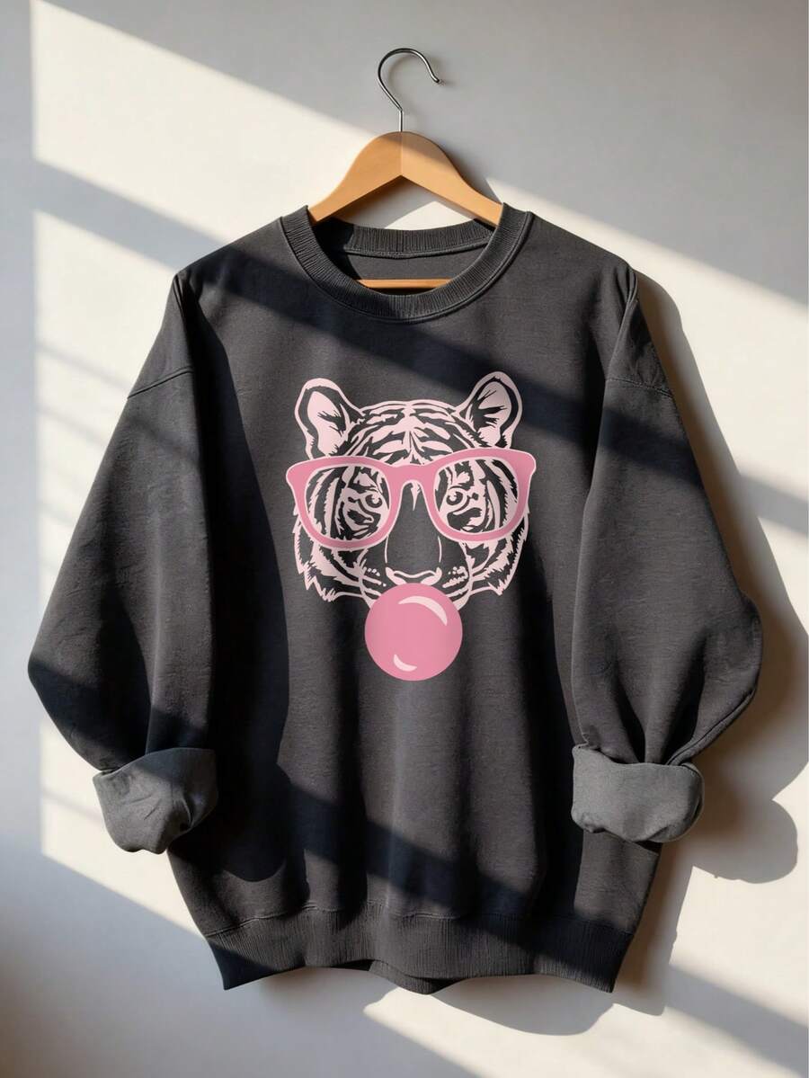 Women's Autumn Tiger Print Crew Neck Sweatshirt, Casual Loose Multifunctional Holiday Style Top, Suitable For Daily Wear, Autumn/Winter Fashion
