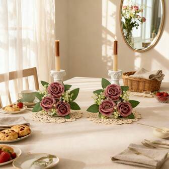 Juego de 2 portavelas de rosa artificial, decoración de mesa de té de estilo francés, ornamento difusor de mesita de noche, corsage de muñeca para dama de honor, flores artificiales