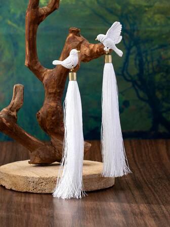 1对自然风格小鸟流苏耳环，适合女性日常佩戴