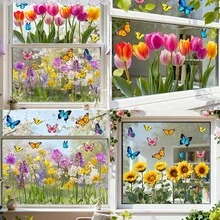 1/3pcs Spring Tulip Sunflower Wild Flower Stickers, Colorful Butterfly Static Cling Window Film, Suitable For Home Living Room Glass Door Decor, Anti-Collision Window Sticker, Reusable, Waterproof, Seasonal Holiday Decor PVC Film - Multicolor - View 2