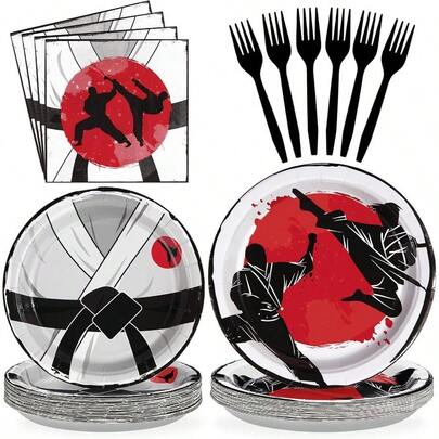 SLAW 96 Pcs Karate Party Supplies Disposable Karate Themed Plates And Napkins Tableware Sets Karate Birthday Decorations For Boys Ninja Birthday Party Decorations Martial Arts Favors Serves 24