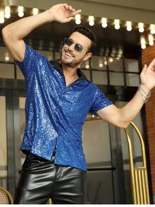 Men's Sequin Shirt 70s Costume Nightclub Party Short Sleeve Sparkle Disco Shirts - 藍色 - 查看 4