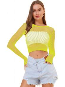 Women Fishnet Long Sleeve Crop Top Lingerie Babydoll Chemise Mesh Tops US2-16Halloween Christmas New Year 2026 - 黃色 - 查看 7