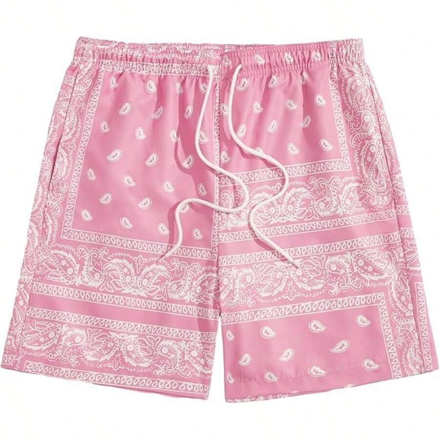 Men's Boho Paisley Print Drawstring Waist Summer Shorts With Pocket - Pink Paisley - View 1