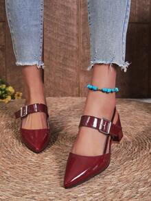 2026春夏新款女士高跟鞋，粗跟时尚百搭尖头舒适套脚穆勒高跟凉鞋 - 酒紅色 - 查看 5