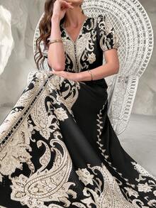 Black Paisley Print V-Neck Puff Sleeve A-Line Dress With Belt, Commuting Casual Arabic Style Dress, Ramadan New Collection (Random Print)