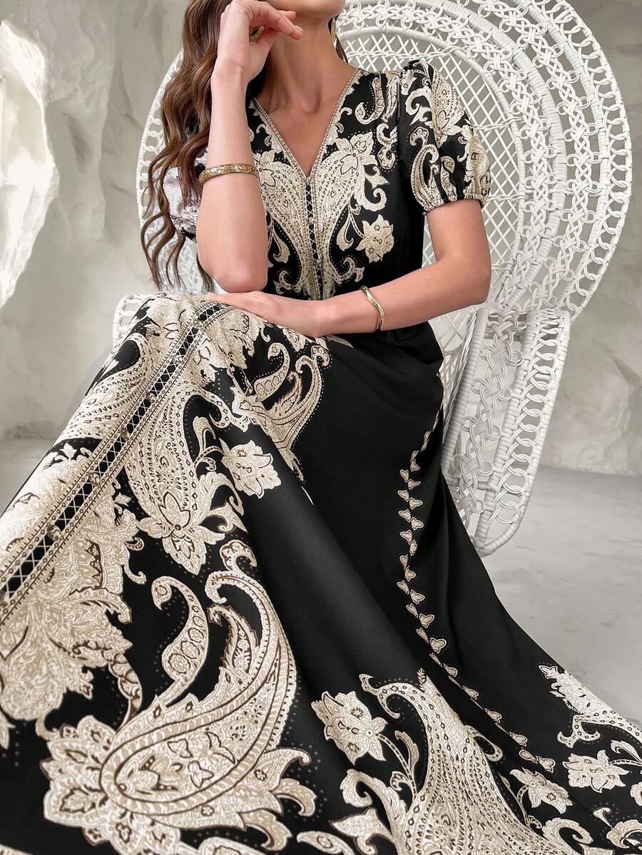 Black Paisley Print V-Neck Puff Sleeve A-Line Dress With Belt, Commuting Casual Arabic Style Dress, Ramadan New Collection (Random Print)