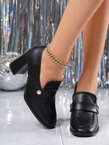 2026春秋新款黑色时尚高跟鞋，英伦风方头粗跟乐福鞋 - 黑色 - 查看 6