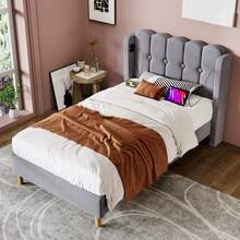 Upholstered Single Bed With USB Type-C Charging Function, Bed Frame With Slatted Base, Upholstered Bed In Grey, 90 X 200 Cm Bed Frame Youth Bed For Bedroom Guest Room - Linen Material - Grey - View 11