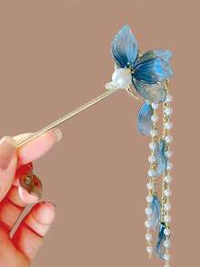 Antique Style Blue Flower Hairpin With A High-End Feel, New Chinese Style Faux Pearl Tassel Step Rocking Women's Hair Accessories, Hairpins, Headpieces, Hairpins, Bun Extension, Hair Styling Pins - Multicolor - View 6