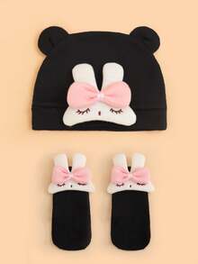 2pcs Baby Soft Knit Bow Tie Rabbit Design Beanie Hat + Socks Set, Breathable And Skin-Friendly For 0-3 Months Infants, Suitable For All Seasons, Multiple Colors Available, Great As Birthday Gift - Multicolor - View 12