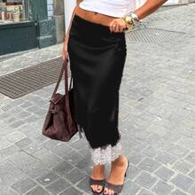 Women Satin Lace Trim Midi Skirt Polka Dot Print High Waist Long A-Line Skirts Vintage Silk Going Out Dress Y2k Streetwear Party Clubwear - 黑色 - 查看 2