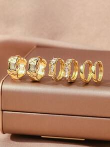 6 pezzi Set di orecchini eleganti con quadrifoglio e forma geometrica a C in zirconia cubica, accessori di gioielleria di moda, regali di lusso per donne, stili multipli, adatti per uso quotidiano, festival, appuntamenti, vacanze, regali