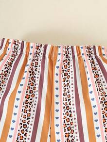 2pcs Young Girl Ruffle Trim Rainbow Print Top And Striped Print Ruffle Trim Shorts Set, Summer - Brown - View 7