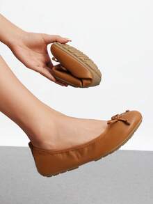 Women Flats Bowknot Foldable Ballet Flats Round Toe Light Weight Slip-On Wedding, Commute, Travel, Vacation Dress Shoes - màu nâu - Xem 1