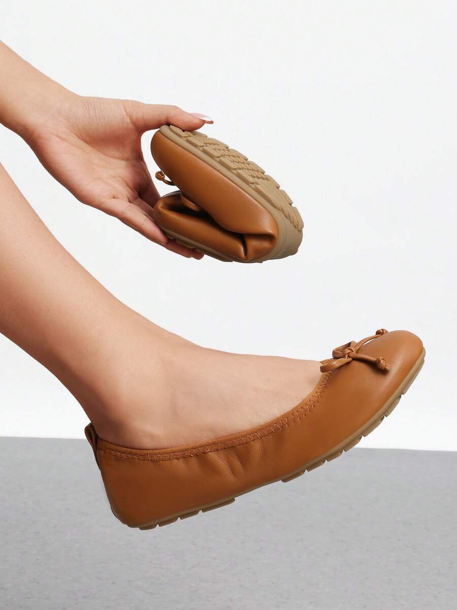Women Flats Bowknot Foldable Ballet Flats Round Toe Light Weight Slip-On Wedding, Commute, Travel, Vacation Dress Shoes - màu nâu - Xem 1