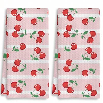 2Pcs Pink Cherry Kitchen Towels, Fruit Lover Gifts,16x24 Inch Absorbent Waffle Kitchen Towels, Summer Preppy Cute Cherry Fruit Decorative Dish Tea Hand Towels For Kitchen Bathroom