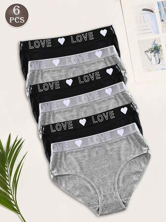 6条装女士三角内裤，纯色基础款，情书印花，松紧带腰带，多色时尚柔软面料，可爱隐形，舒适浪漫性感家居服