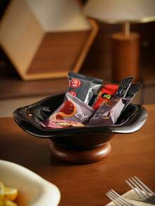 DearDali Asymmetrical Wavy Glazed Ceramic Fruit Bowl With Walnut Wood Base, Creative Home Decor Fruit Tray For Living Room, Entryway