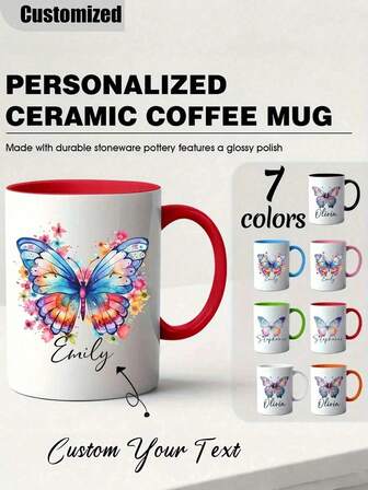 1pc Personalized Butterfly Pattern Name Mug, Customized Coffee Cup, Gift For Butterfly Lovers, Unique Ideal Gift For Him/Her, Suitable For Anniversary, Valentine's Day, Mother's Day, Birthday, Customizable Name, Butterfly Mug, Butterfly Theme Gift For Her, Customized Coffee Cup, Personalized Colorful Butterfly Ceramic Mug (With Name), White Coffee Cup
