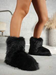 Giày bốt đi tuyết cao đến đầu gối thời trang mới dành cho nữ, ấm áp và chống trơn trượt cho mùa đông, viền lông, thiết kế thời trang. - màu đen - Xem 6