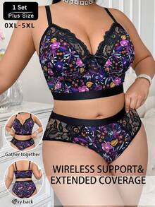 大码女士印花无钢圈柔软舒适文胸内裤套装 - 黑色 - 查看 5