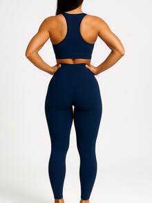 Set Of 3 High-Waisted Leggings With No Transparency - 1藏青色+1酒紅+1灰色 - 查看 4