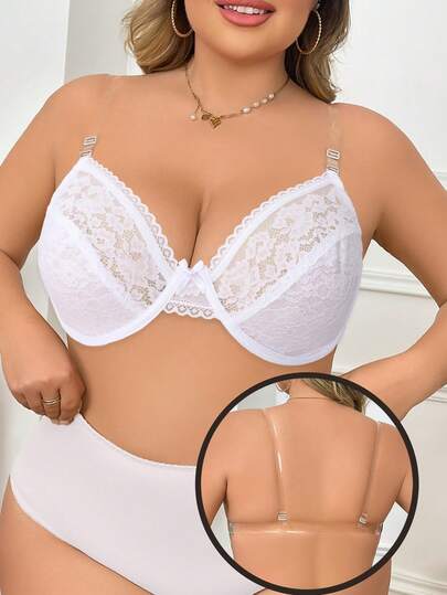 Plus Size Women Lace Transparent Strap Backless Bra, Hidden Underwire Bra