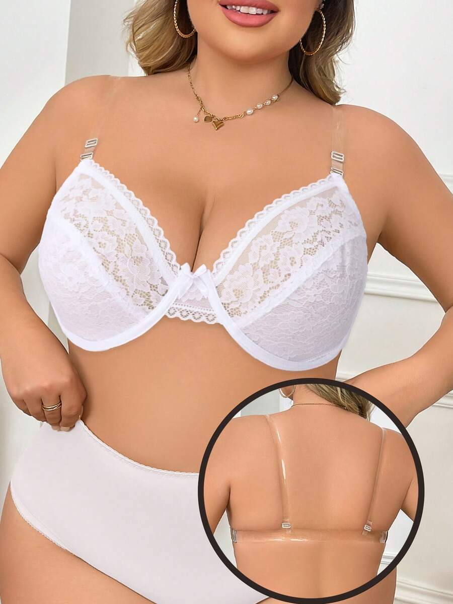 Plus Size Women Lace Transparent Strap Backless Bra, Hidden Underwire Bra - White - View 1