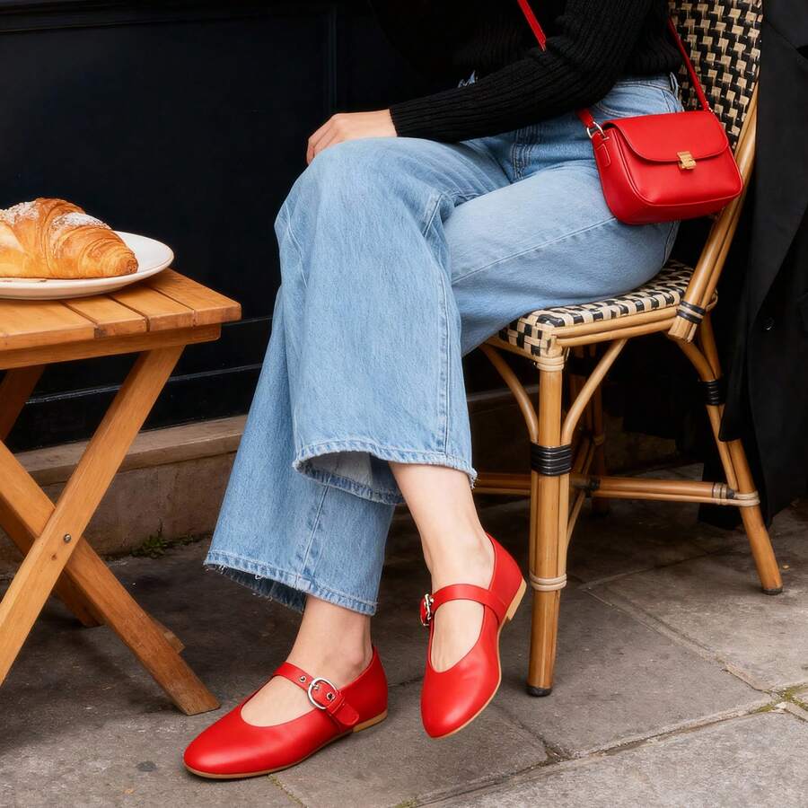 Ballet Flats For Women Round Toe Mary Jane Flats Buckle Strap Slip On Faux Leather Comfortable Casual Dressy Shoes - 紅色 - 查看 1