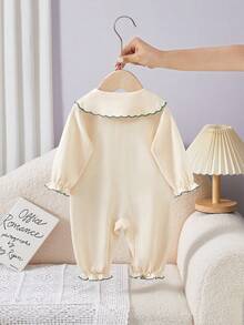 Baby Girls' Cute Embroidered Floral Romper With Peter Pan Collar, Long Sleeve - Apricot - View 2