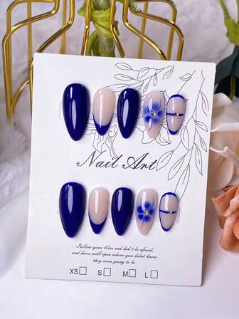 10 Pieces Of Handcrafted Almond Nail Art With Blue French Tips, Blue Ombre Flowers, White Diamond Accents, Colorful French Edges With White Small Chrysanthemums, Blue Sky And White Clouds Painting, Yellow French Smile With Red Cherries. Cute, Stylish, Minimalist Design. Party And Social Use: Quick-Release, Press-On Nail Stickers.