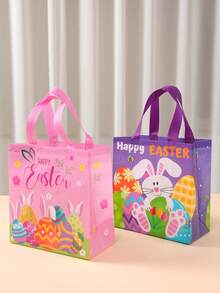 6个装复活节彩蛋寻宝袋，方形无纺布手提袋，印有兔子和彩蛋图案，复活节礼品包装袋，可重复使用带提手的收纳袋，复活节彩蛋寻宝派对用品，复活节快乐装饰，复活节兔子装饰，适用于复活节派对回礼、篮子填充物和装饰品 - 彩色 - 查看 8