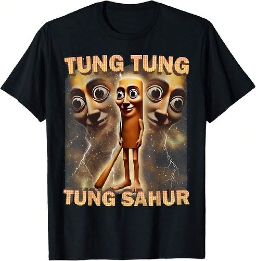 Tung Tung Tung Sahur Funny Meme Brainrot Humor Gen Z Unisex T-Shirt Casual Men'S Cotton T-Shirt Crew-Neck Top Micro-Stretch Knitted Fabric Regular Fit - 如圖所示 - 查看 1