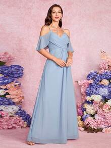 Volly Toych 浪漫优雅的浅蓝色伴娘长裙，吊带雪纺面料，垂褶设计，高开衩细节，适合度假和派对穿着。 - 霧霾藍 - 查看 5