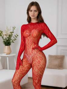 1pc Women's Sexy Lingerie Fishnet Bodystocking, Solid Leopard Print Sheer Long Sleeve Backless Bodysuit, Bikini Cover Up Sexy Romper For Party Role Play, Valentine's Day - Red - View 1