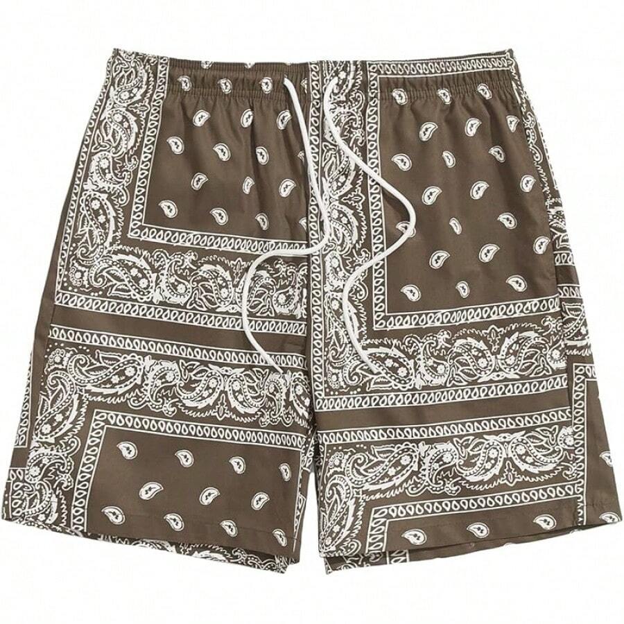 Men's Boho Paisley Print Drawstring Waist Summer Shorts With Pocket - Brown Paisley - View 1