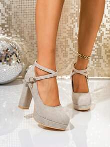 Women's Spring New Thick Bottom Criss-Cross Strap High Heel Shoes, Sexy Fashion Chunky Heel Slip-On Pumps - Beige - View 5